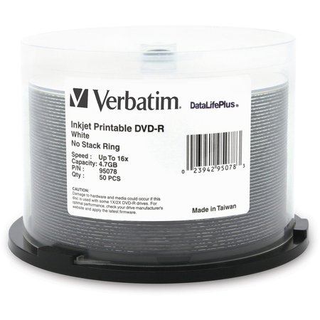 VERBATIM Dvd-R 4.7Gb 16X Datalifeplus, White Inkjet Printable 50Pk Spindle 95078